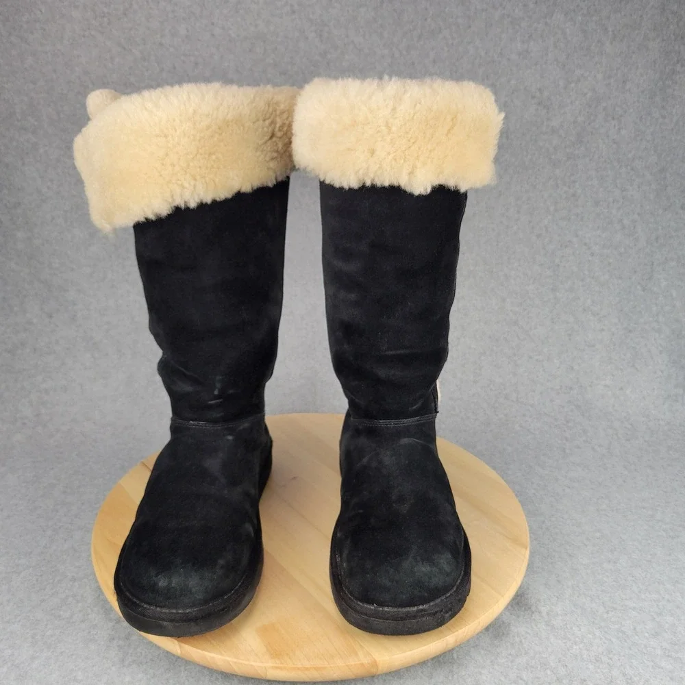 Ugg Upside 5163 Tall Lace Up Boot Women 9 Black Suede Shearling Lining